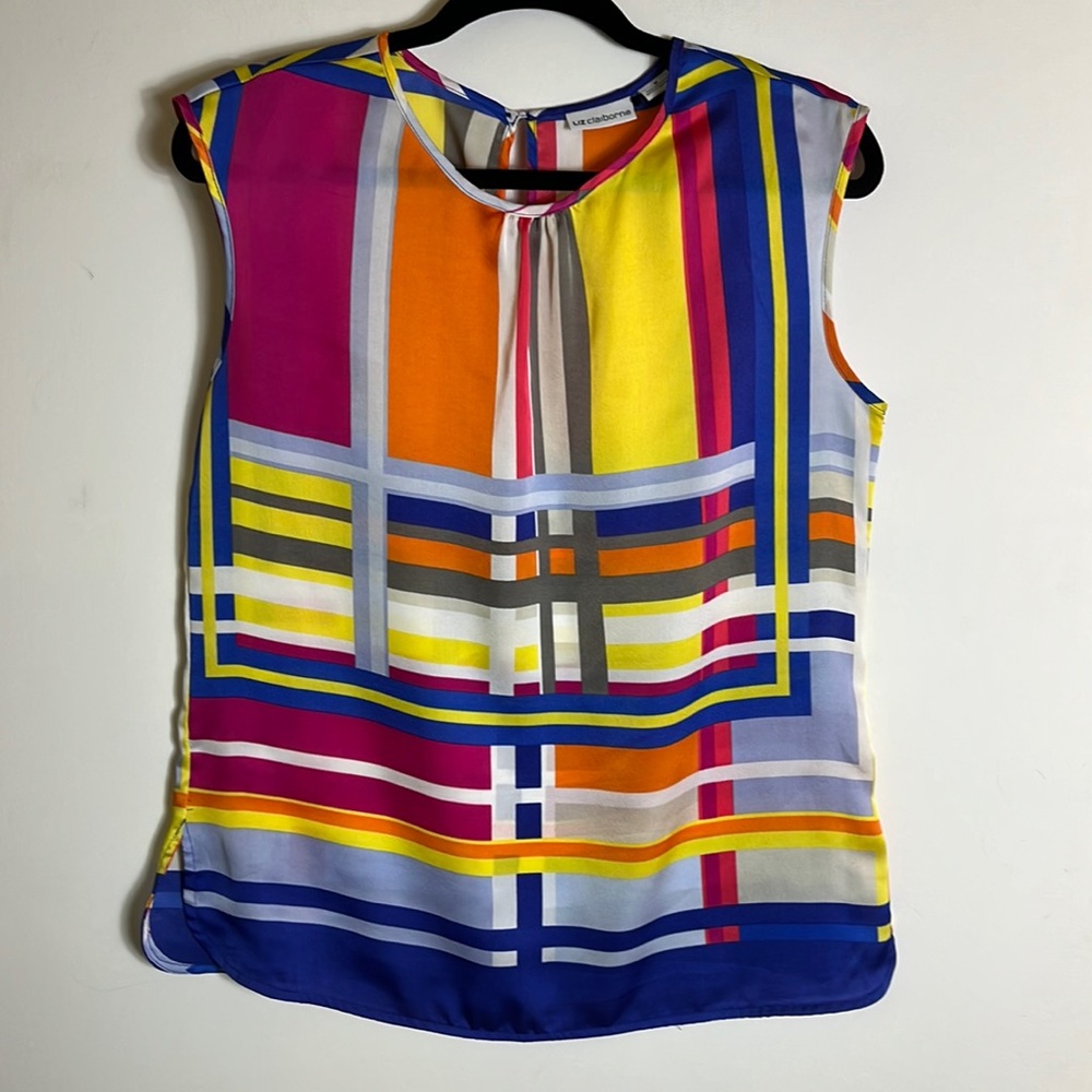 Liz Claiborne Women’s Sleeveless sheer Blouse Size M Red/Yellow/Orange/Blue/Gray